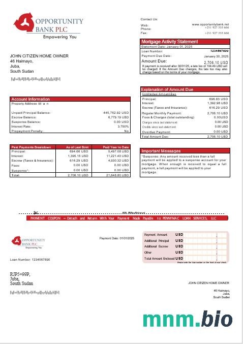 Sudan Południowy Opportunity Bank wyciąg z kredytu hipotecznego w formatach Word i PDF